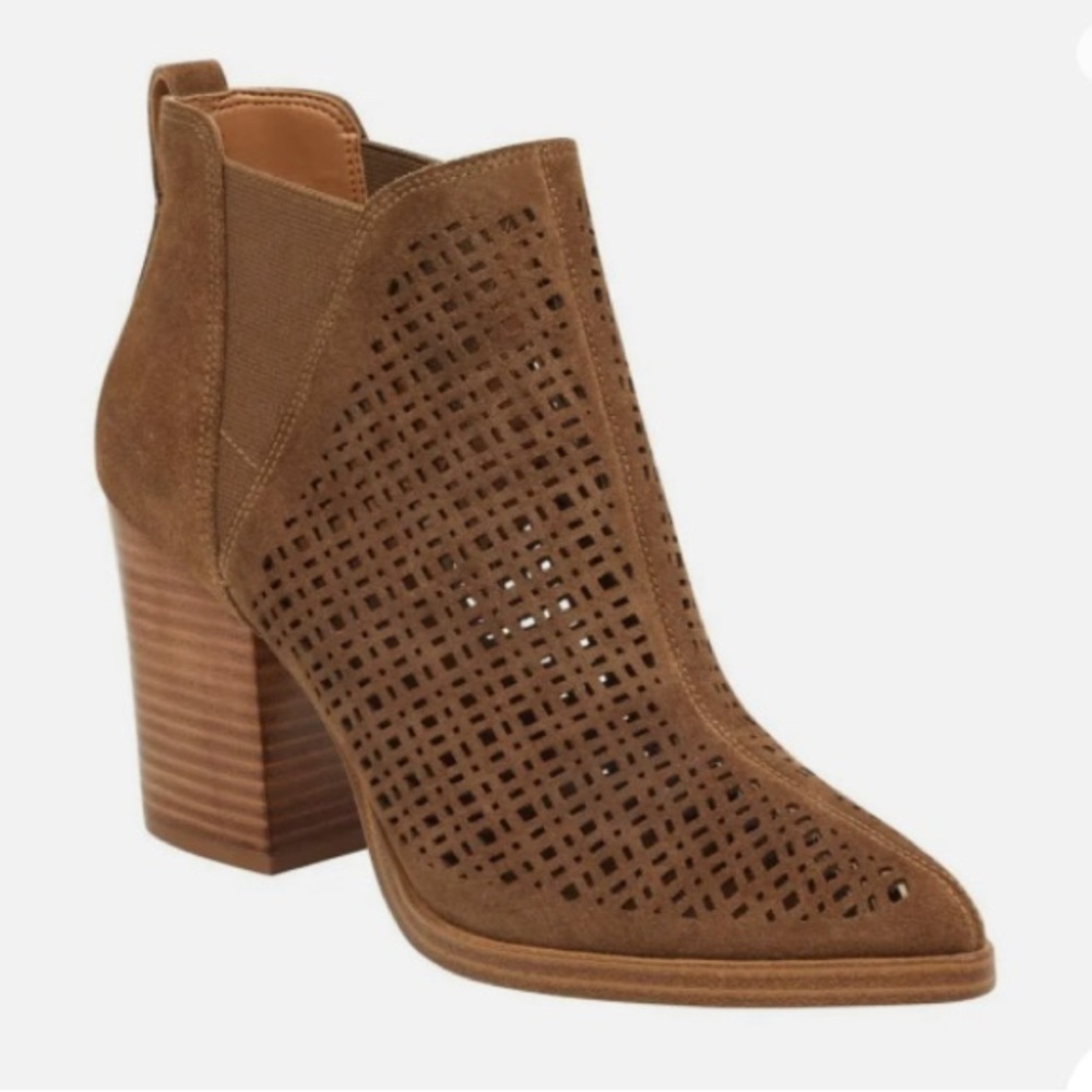 Marc Fisher Arwen Perforated Pointed Toe Brown Suede Heeled Boots Size 6.5